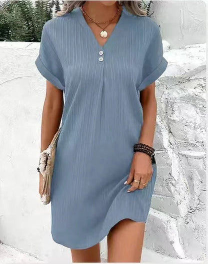 Button-Front V-Neck Dress – Short Sleeve Solid Casual Shirt Dress