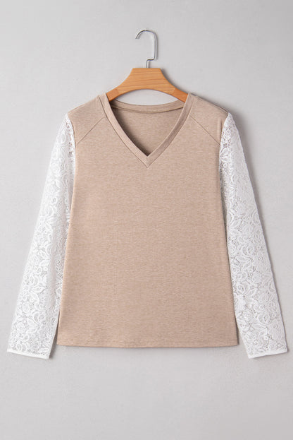 Threaded Pear Penny Contrast Lace Patchwork Long Sleeve Top
