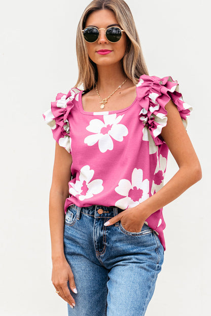 Threaded Pear Mazie Floral Ruffled Short Sleeve Blouse