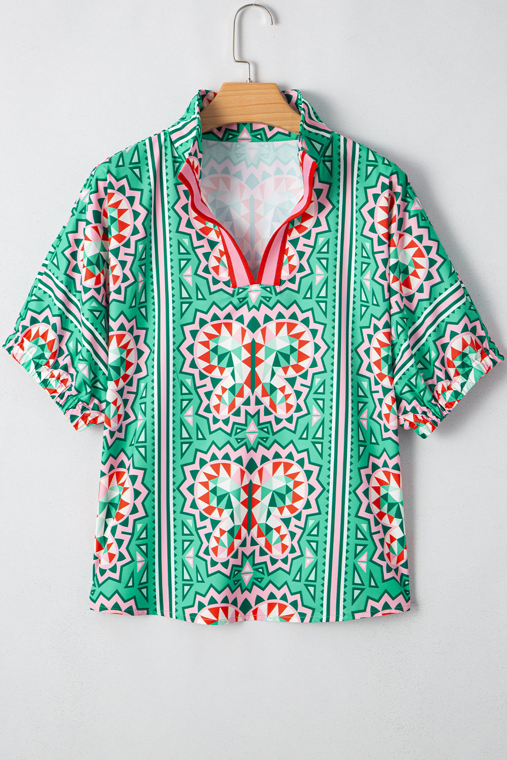 Threaded Pear Kamiyah Boho Abstract Striped Collared V Neck Blouse