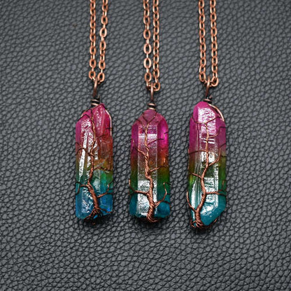 Stone Crystal Pillar Tree Of Life Pendant Ins Fashion Necklace