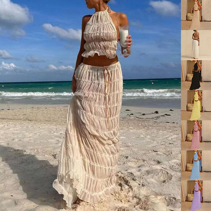 2pcs Women's Dress Suit Sleeveless Backless Cropped Halter Top And Pleated Long Skirt Beach Clothing