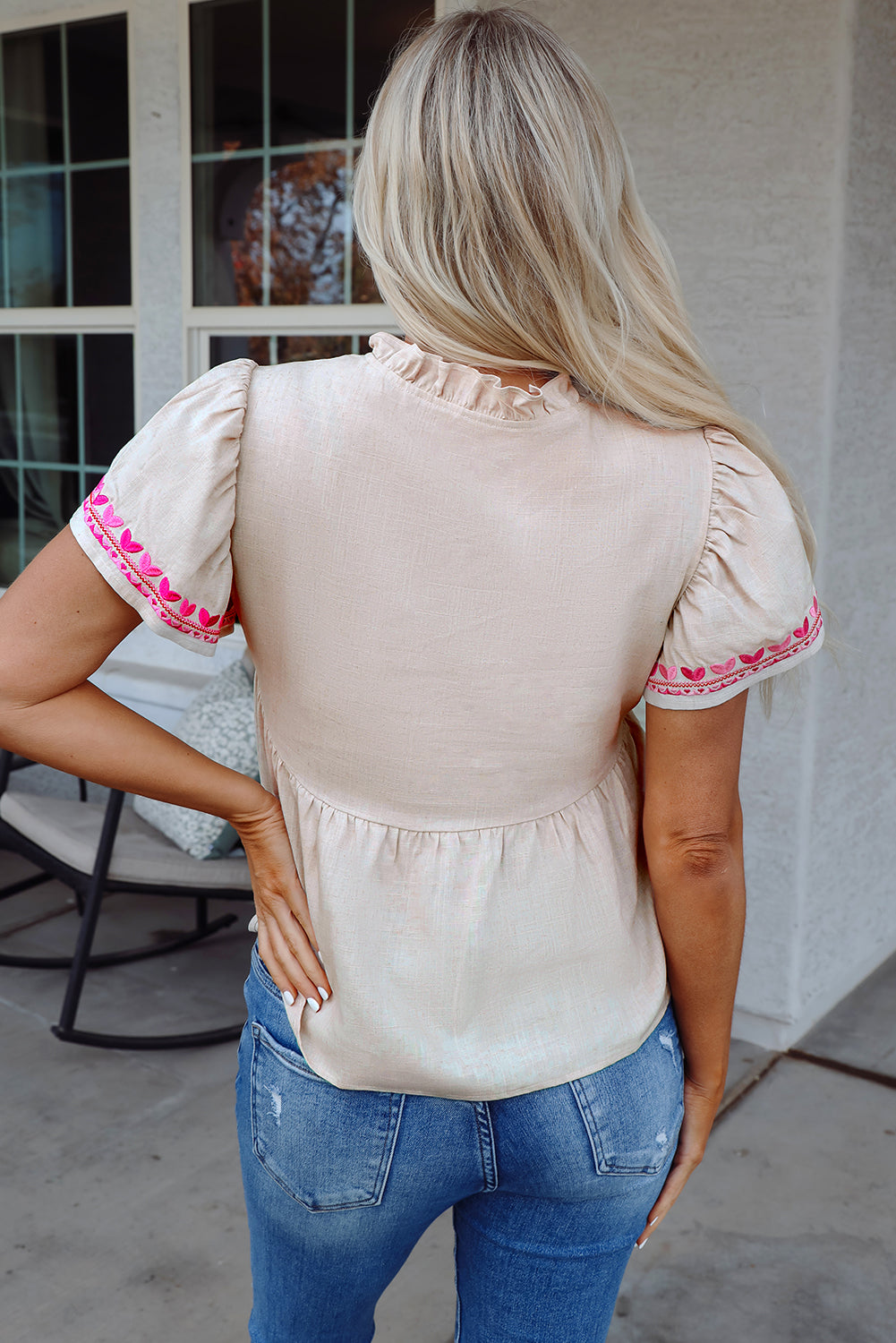Threaded Pear Jaliyah Floral Embroidered Notched V Neck Blouse