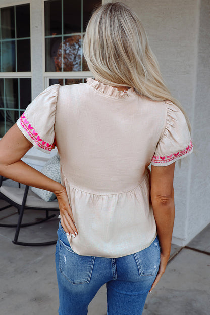 Threaded Pear Jaliyah Floral Embroidered Notched V Neck Blouse