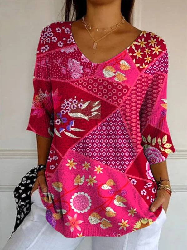 Women’s Elegant Retro Floral Print V-Neck Top | High-Sense Casual Long Sleeve Blouse | Trendy Minimalist Vintage-Style Top | Luxury-Label Statuesque Spring Wear | 2026 High-Fashion Radiant Urban Essential