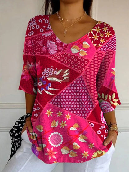 Women’s Elegant Retro Floral Print V-Neck Top | High-Sense Casual Long Sleeve Blouse | Trendy Minimalist Vintage-Style Top | Luxury-Label Statuesque Spring Wear | 2026 High-Fashion Radiant Urban Essential