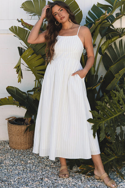 Threaded Pear Ainsley Stripe Spaghetti Strap Pocketed Maxi Dress
