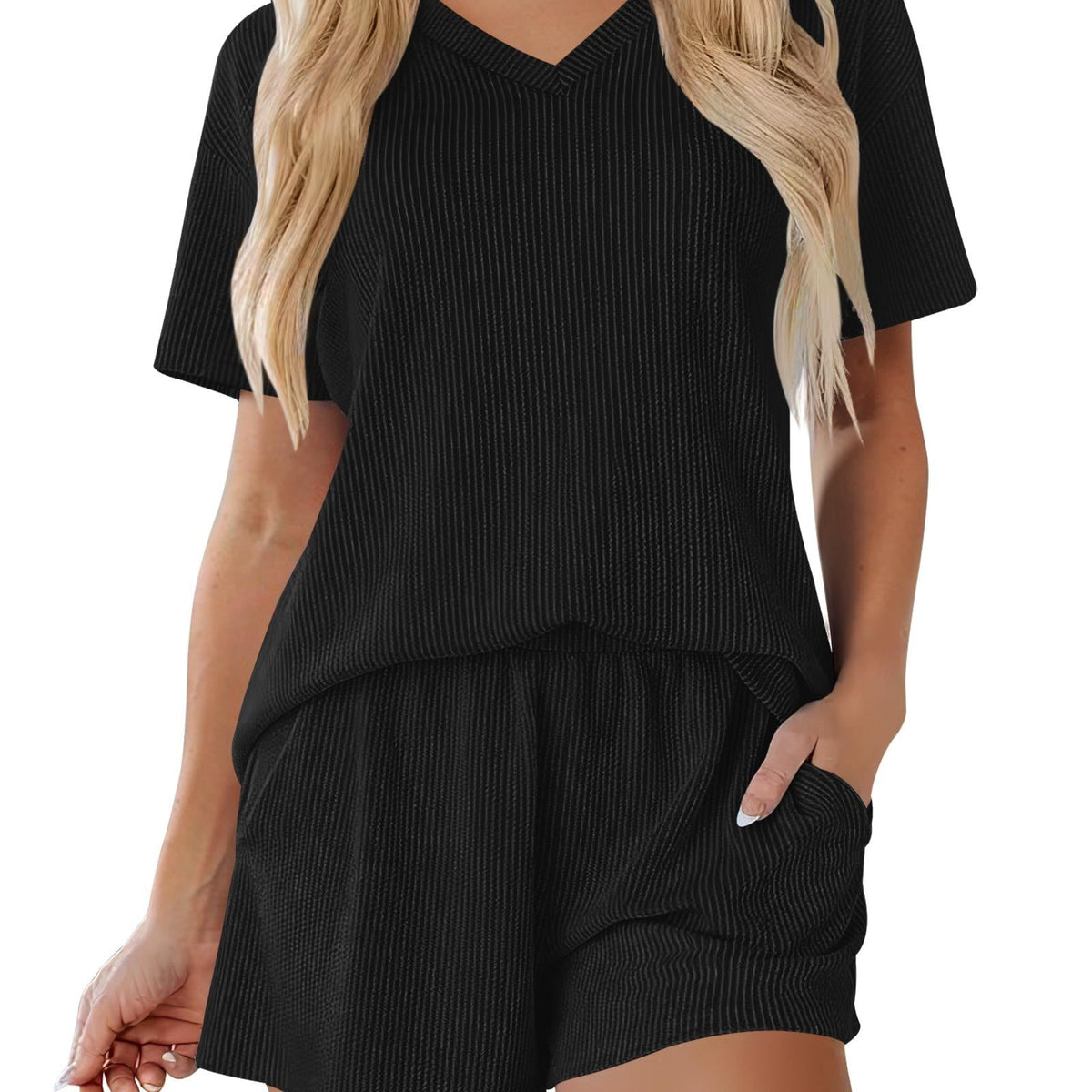 Women's Ribbed V-Neck Lounge Set with Pockets