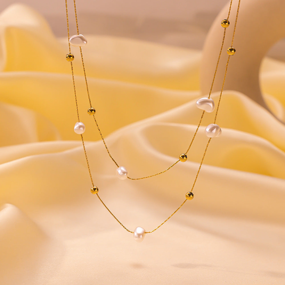 Niche Design Double-Layer Pearl Clavicle Necklace | High-Sense Vintage French Style Jewelry | Trendy Minimalist Titanium Steel Pearl Choker | Luxury-Label Statuesque Radiant Accessory | 2026 High-Fashion Emerald-Luxe Essential