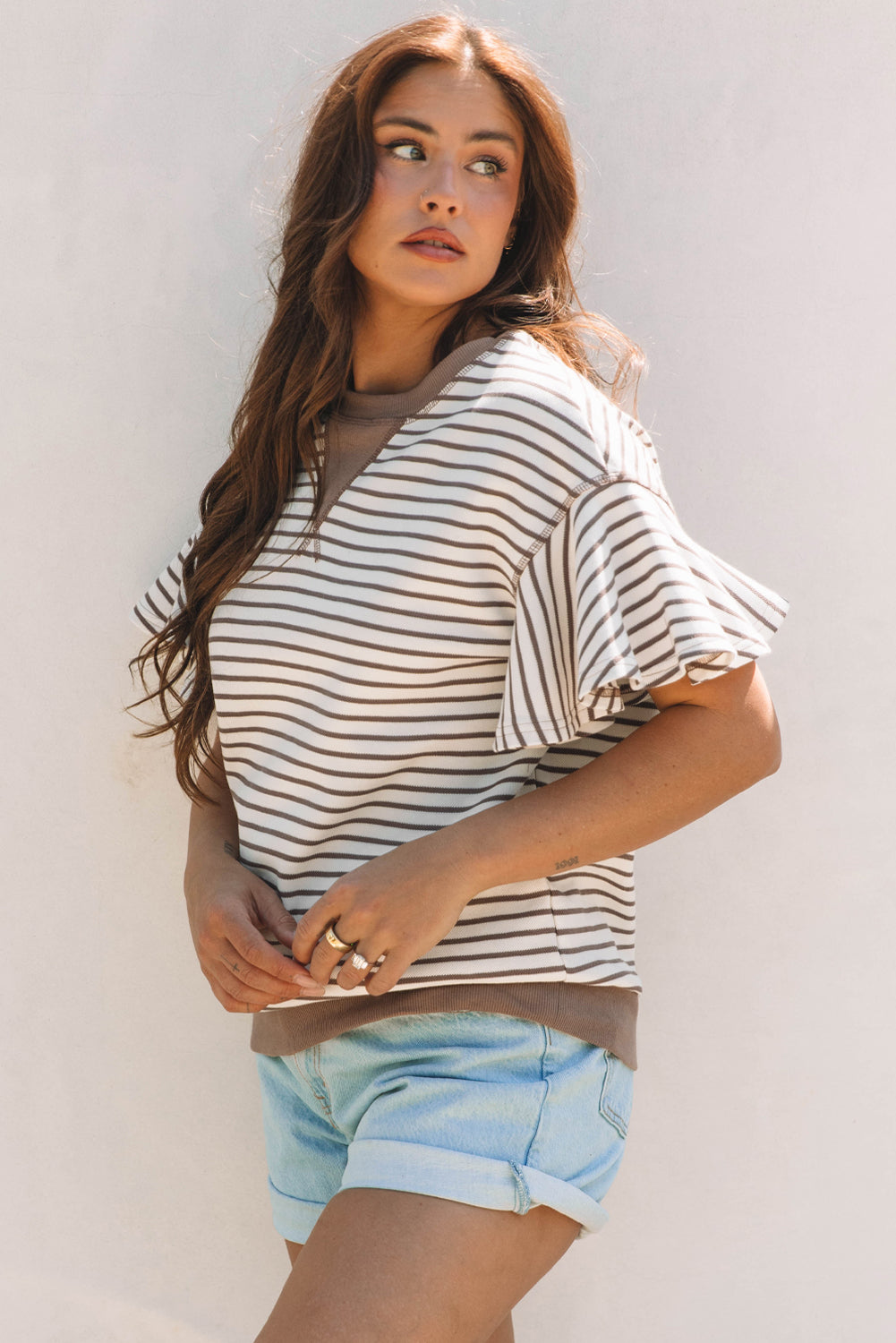 Threaded Pear Alexia Striped Ruffle Short Sleeve Top