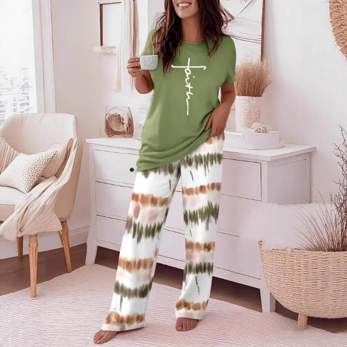 Casual Striped Print Two-Piece Set | Crew Neck Short Sleeve Top & Wide-Leg Pants Trouser Suit | Versatile Summer Loungewear & Streetwear Set for Women