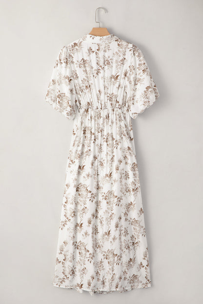 Threaded Pear Iliana Floral Puff Sleeve V Neck Buttoned Front Maxi Dress