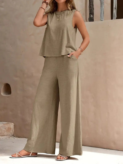 Women’s Solid Color Casual Loose Pants Set | Elegant Spring Summer Two-Piece Suit | High-Sense Breathable Full Trouser Set | Trendy Minimalist Wide-Leg Female Outfit | 2026 High-Fashion Relaxed Fit Co-ord Set