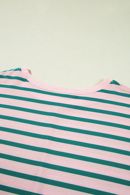 Threaded Pear Green Stripe Color Block Exposed Seam Side Slit Plus Size Sweatshirt