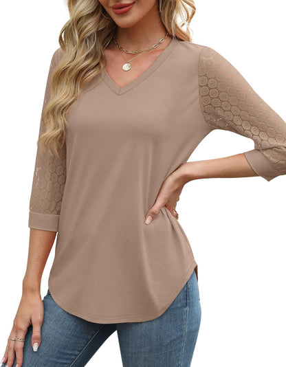 Womens 3/4 Length Sleeve V-Neck Lace Tunic Tops Business Casual Blouses