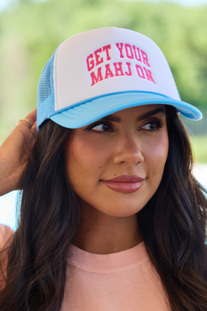 Get Your Mahj On White/Baby Blue Embroidered Trucker Hat