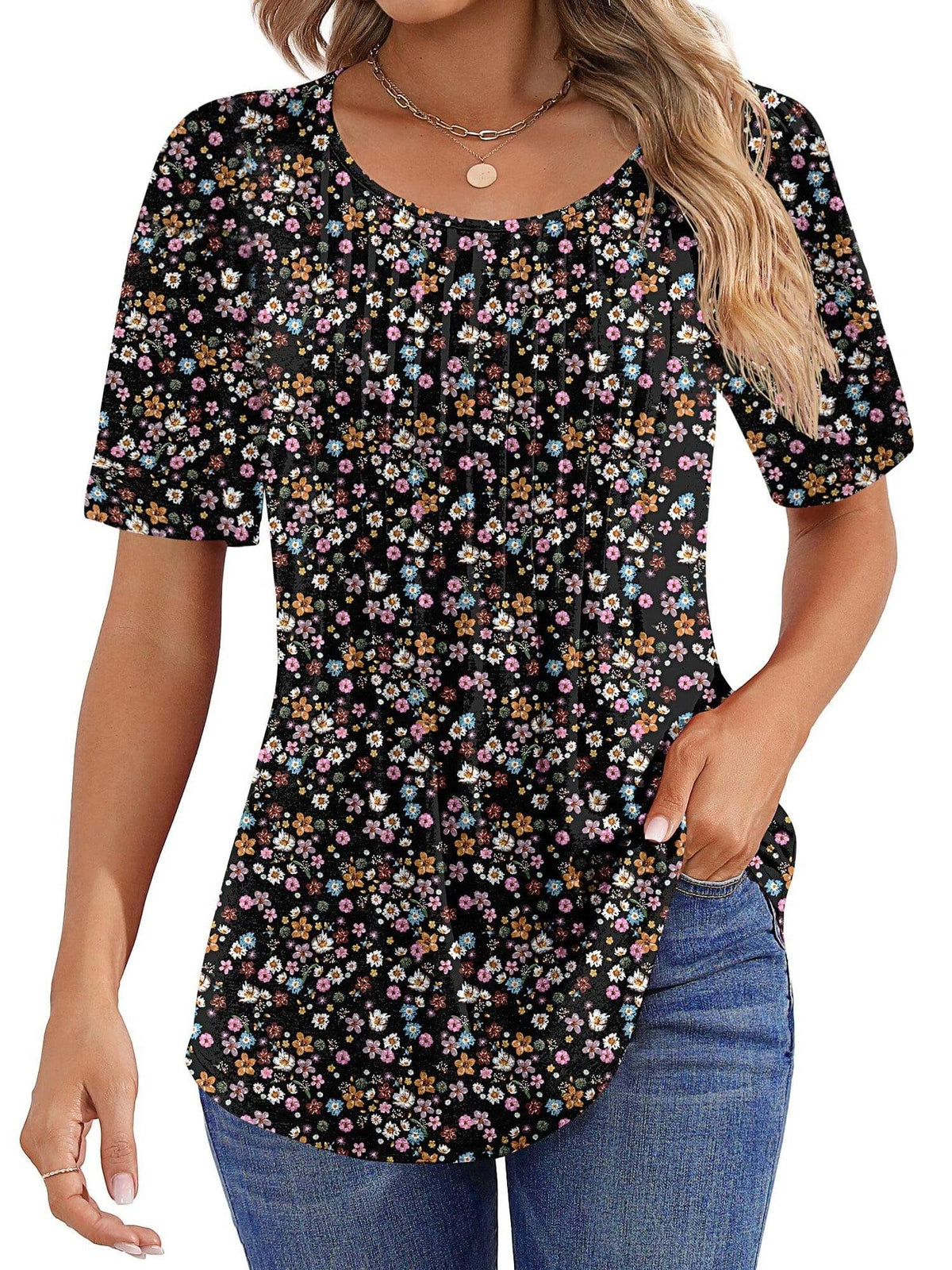 ✨Women Summer Pleated Short Sleeve Tunic Blouses Tops