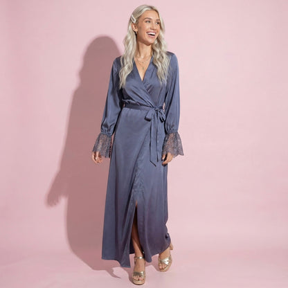 Anna-Kaci Lounge Women's Satin Wrap Robe Dress with Long Sleeves Lace Cuff Detail and Adjustable Tie Waist in Flowy Maxi Silhouette