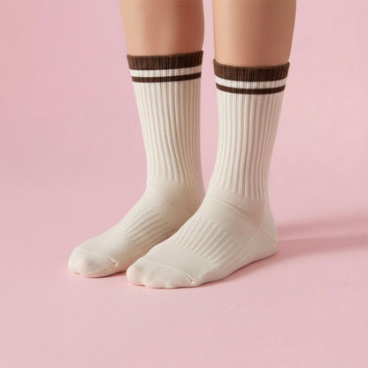 Anna-Kaci Women's 4-Pack Ribbed Crew Socks with Double Stripe Cuff Soft Stretch Fit in Neutral Tones