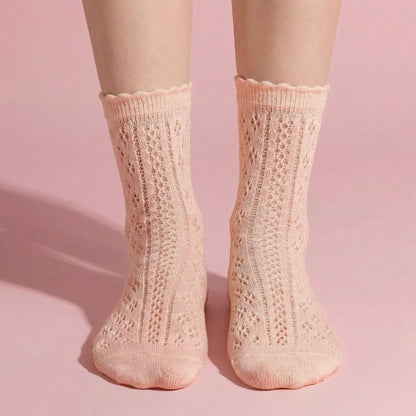 Anna-Kaci 4 Pairs Women's Lace Knit Crew Socks Lightweight Breathable Mesh Style with Elastic Cuff in Assorted Patterns