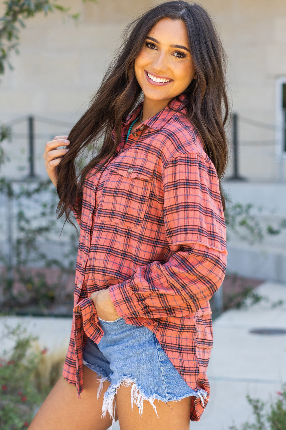 Threaded Pear Plaid Long Sleeve Side Split Distressed Shirt
