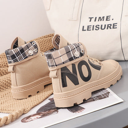 Women’s All-Match High-Top Canvas Boots | Trendy Girls' Short Canvas Sneakers | Modern Urban High-Top Lace-Up Shoes | Breathable Casual Canvas Short Boots for Women