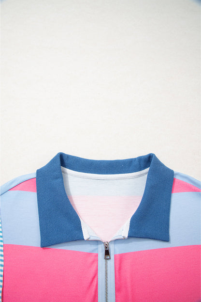 Threaded Pear Blue Stripe Colorblock Patchwork Zip up Plus Size Pullover