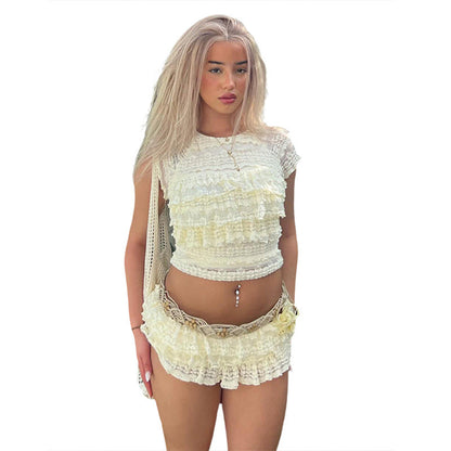 New Fashion Style Sweet and Spicy Girl Solid Color Hollow out Slim Fold Shorts Set for Women