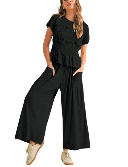 Women's Pleated Top Wide Leg Pants Set with Pockets