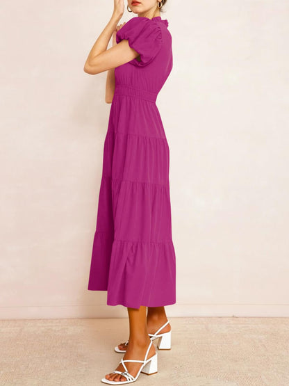 Puff Short Sleeve V Neck Flowy Tiered Beach A-Line Dresses