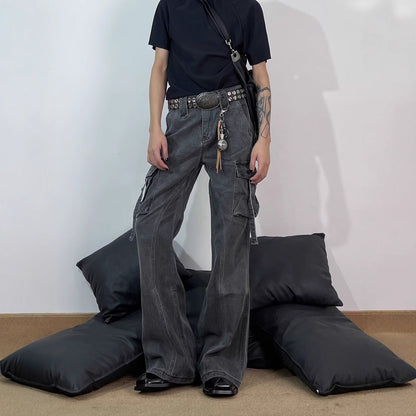 Retro Deconstructed Multi-Pocket Flared Cargo Pants for Men, Cool Streetwear Brand, Loose Clean Fit Straight Leg Casual Pants