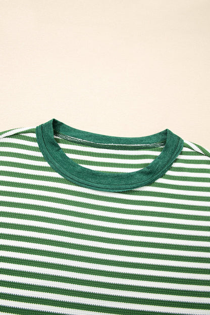 Threaded Pear Green Stripe Exposed Seam Patchwork Plus Size Thermal Top