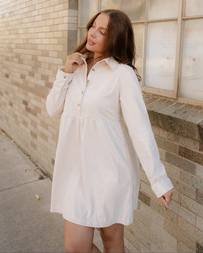 Abigail Corduroy Half Button Collared Long Sleeve Dress - Oatmeal