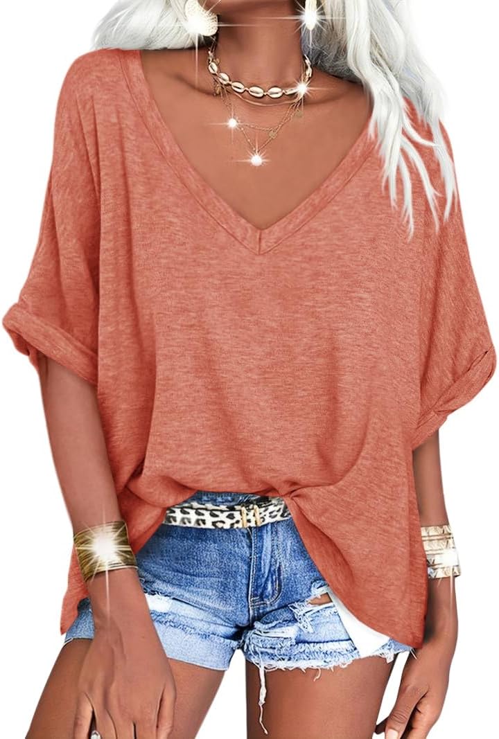 ✨Women's Oversized T Shirts V Neck Short Sleeve Summer Casual Loose Tops Tees