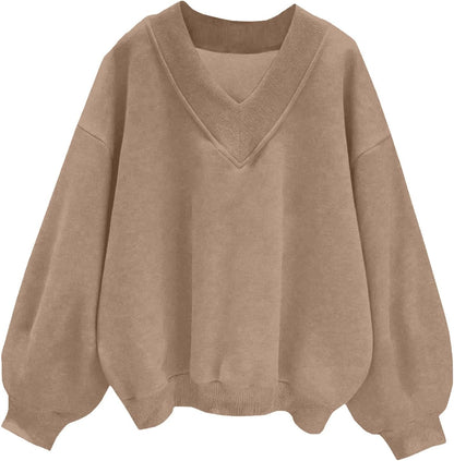 ✨Womens Casual Sweatshirt V Neck Oversized Hoodless Solid Pullover