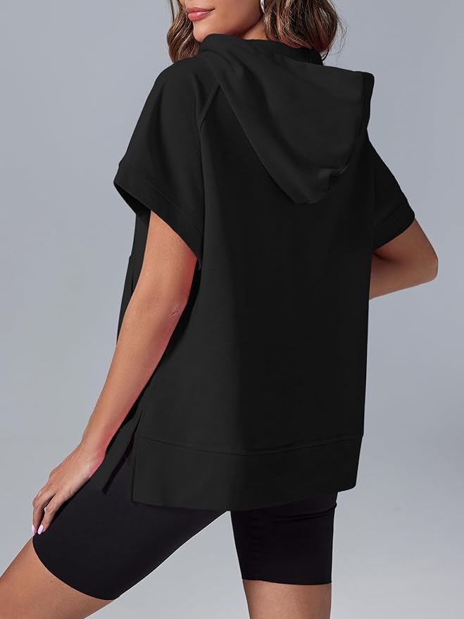 Women's Oversized Half-Zip Short Sleeve Hoodie