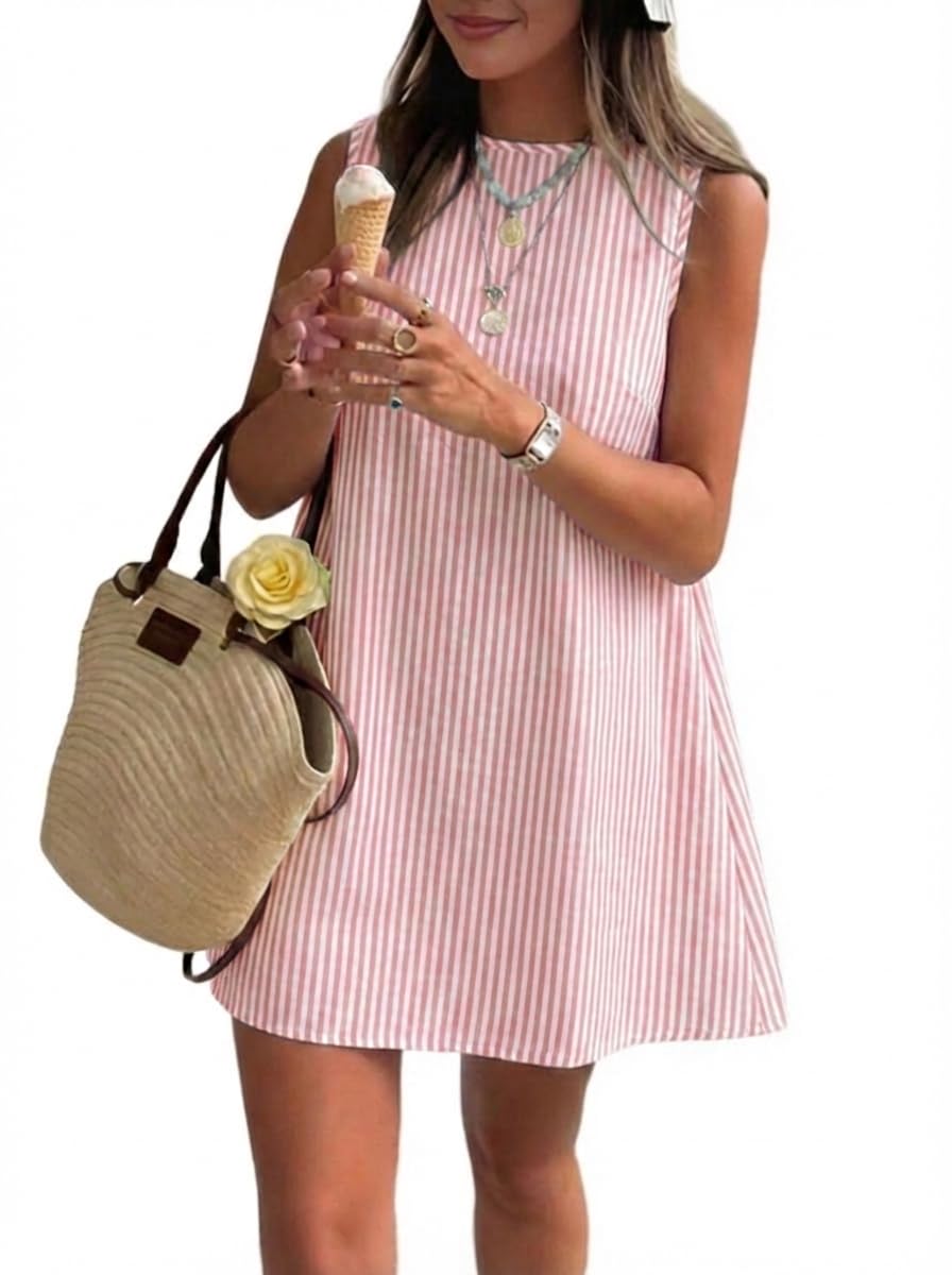 Womens Striped Dress Spring Summer Beach Boho Sleeveless Mini Sundress