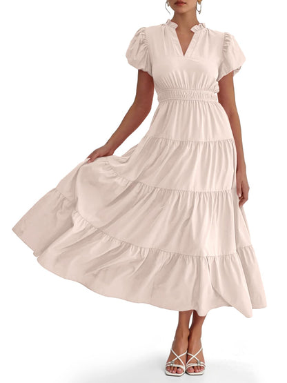Puff Short Sleeve V Neck Flowy Tiered Beach A-Line Dresses