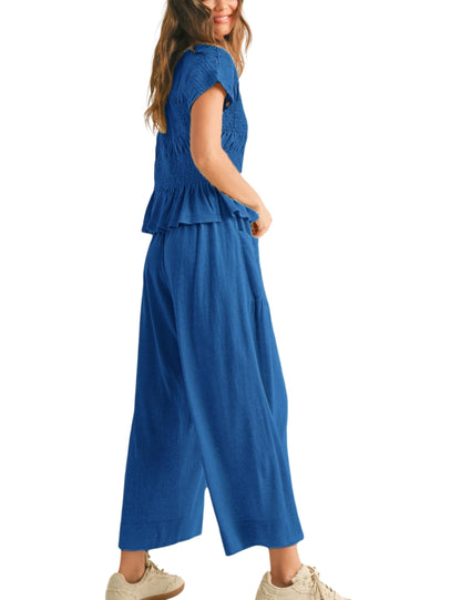 Women's Pleated Top Wide Leg Pants Set with Pockets