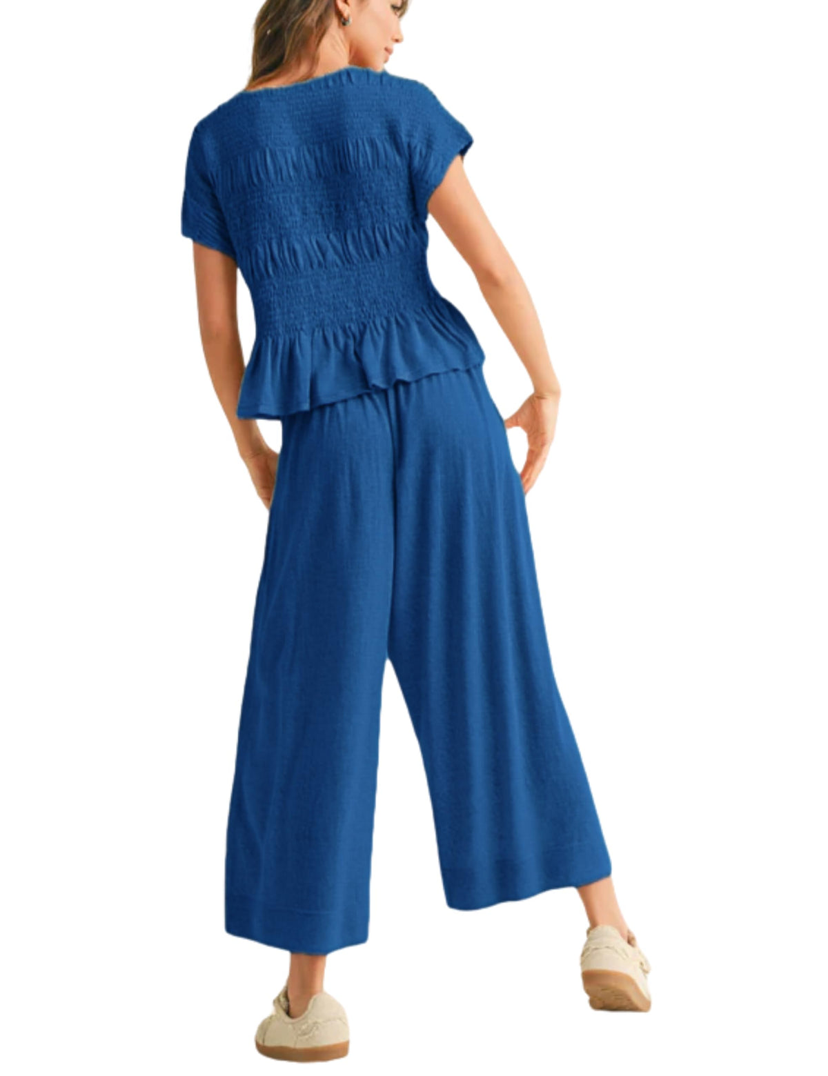 Women's Pleated Top Wide Leg Pants Set with Pockets