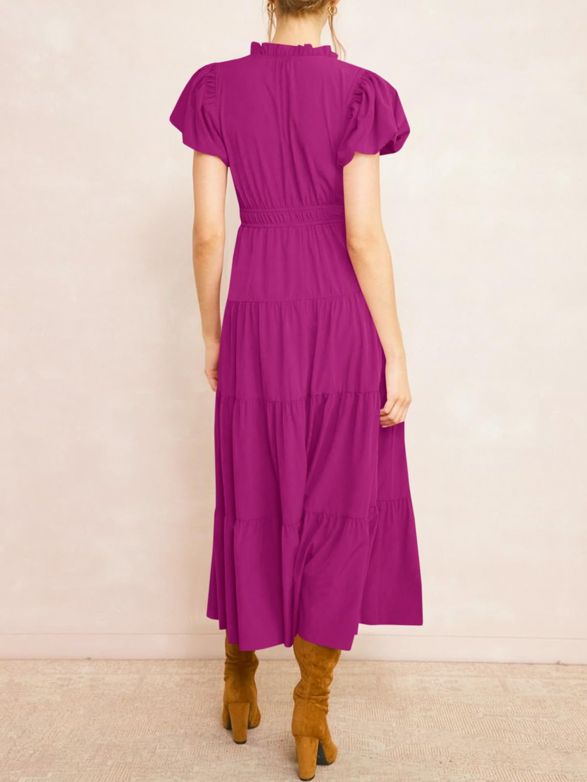 Puff Short Sleeve V Neck Flowy Tiered Beach A-Line Dresses