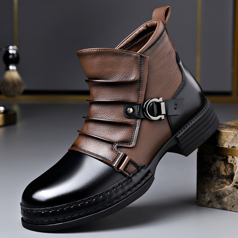 Men’s British Style Retro Thermal Boots | Fleece-Lined Winter Leather Boots with Side Zipper | Vintage Mid-Top Warm Walking Boots | Men's Elegant Waterproof Winter Footwear