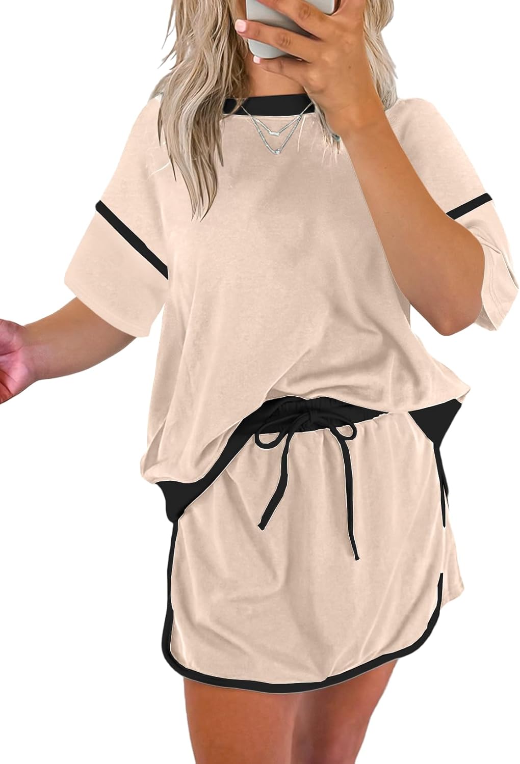 ✨Women's Summer Short Sleeve Tops Matching Drawstring Mini Skirt Lounge Sets