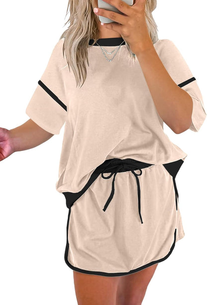 ✨Women's Summer Short Sleeve Tops Matching Drawstring Mini Skirt Lounge Sets