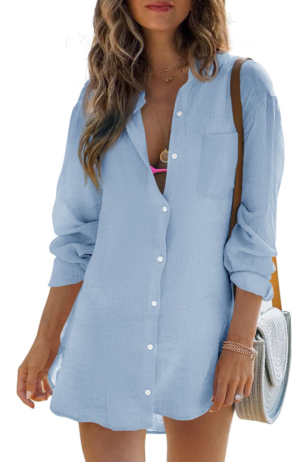 Womens Beach Cover Up Button Down Shirts