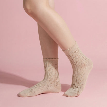 Anna-Kaci 4 Pairs Women's Lace Knit Crew Socks Lightweight Breathable Mesh Style with Elastic Cuff in Assorted Patterns