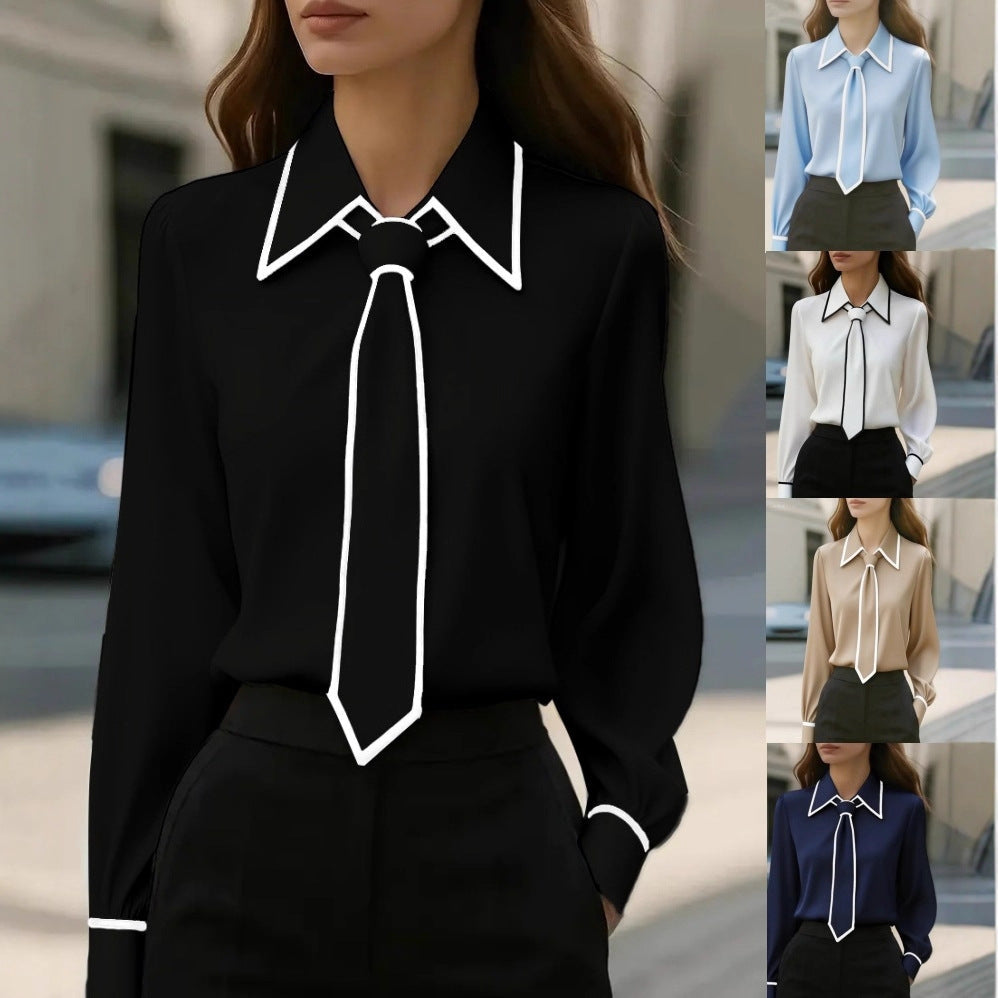 Women’s Autumn Tie-Neck Commute Shirt | Solid Color Long Sleeve Professional Blouse | Modern Office Wear Formal Top | Elegant Tie-Design Fashion Shirt
