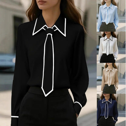 Women’s Autumn Tie-Neck Commute Shirt | Solid Color Long Sleeve Professional Blouse | Modern Office Wear Formal Top | Elegant Tie-Design Fashion Shirt
