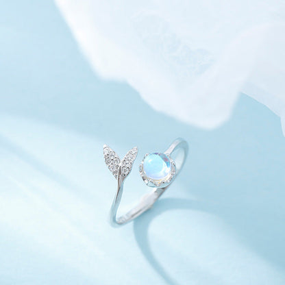 Elegant Fishtail Aurora Moonstone Ring | S925 Sterling Silver Mermaid Tail Ring | Minimalist Iridescent Moonstone Index Finger Ring | Aesthetic Mythical Sea-Inspired Jewelry