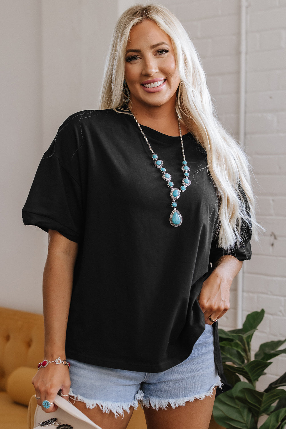 Threaded Pear Ayra Loose Half Sleeve Hi Low Hem Top